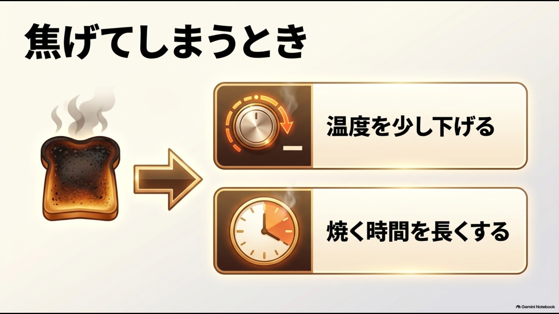 オーブントースターで焦げる場合に温度を下げ時間を調整する方法