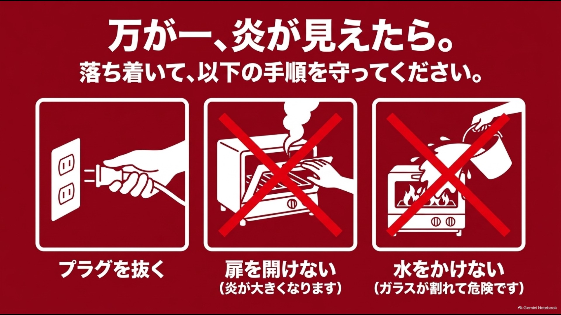 トースターで炎が出たときはプラグを抜き扉を開けず水をかけないことを示す安全対処図