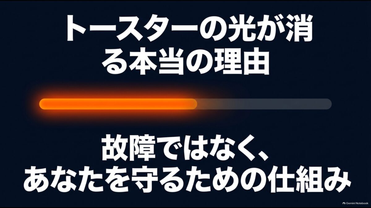 オーブントースターのヒーターが消えるのは故障ではなく安全のための温度調節であることを示す図