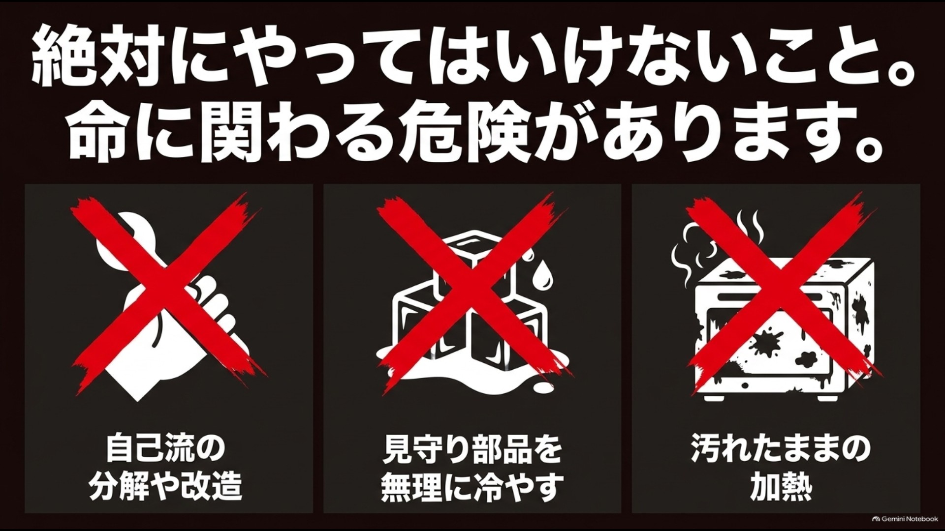 トースターの分解や温度センサーの強制冷却、汚れた状態での加熱を禁止する注意図