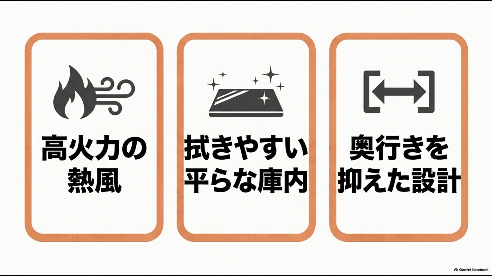 東芝石窯ドームの高火力の熱風、拭きやすい平らな庫内、奥行きを抑えた設計を示した図
