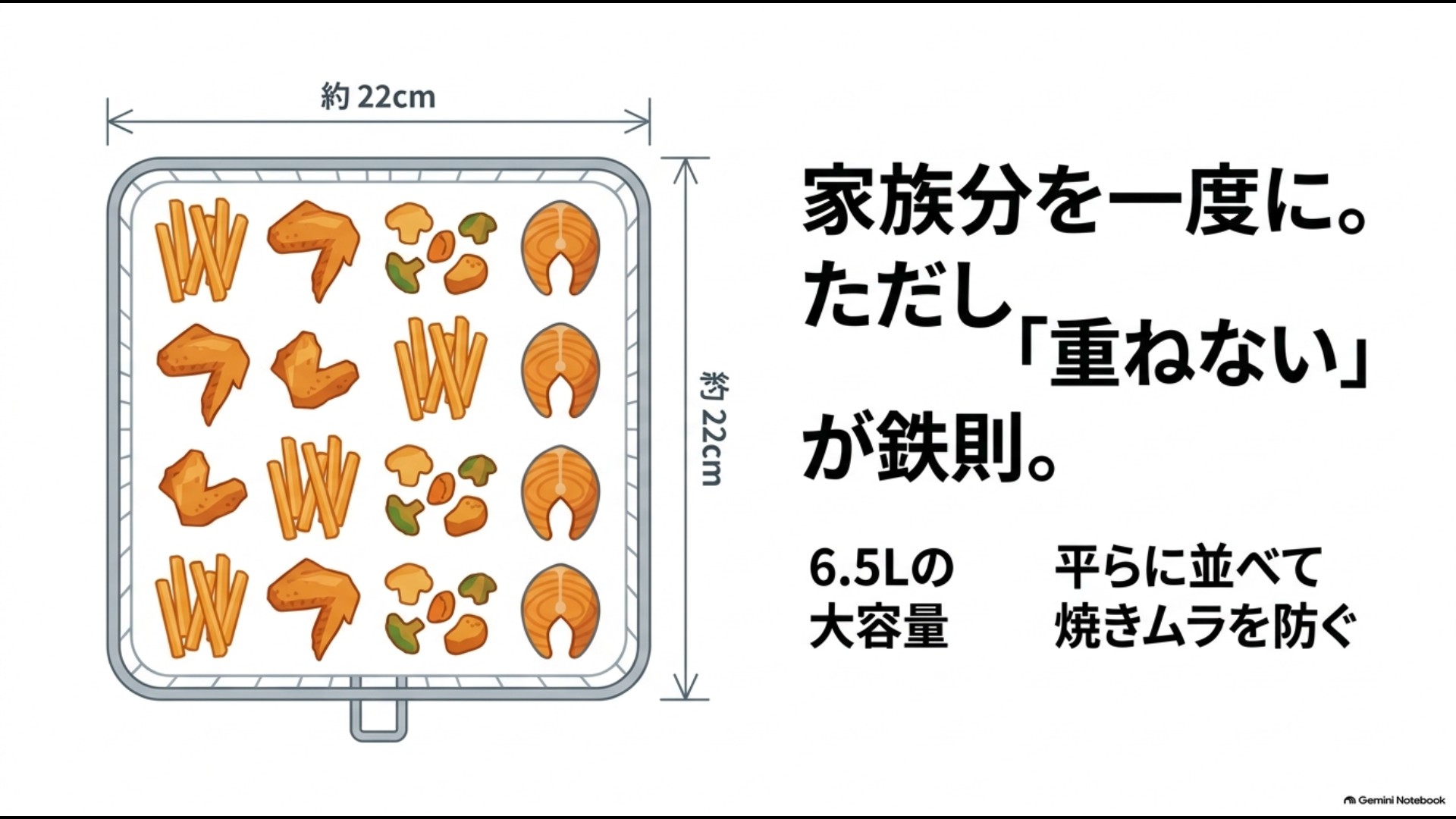 Xiaomiエアフライヤー6.5Lの約22cm四方バスケットに食材を並べる目安