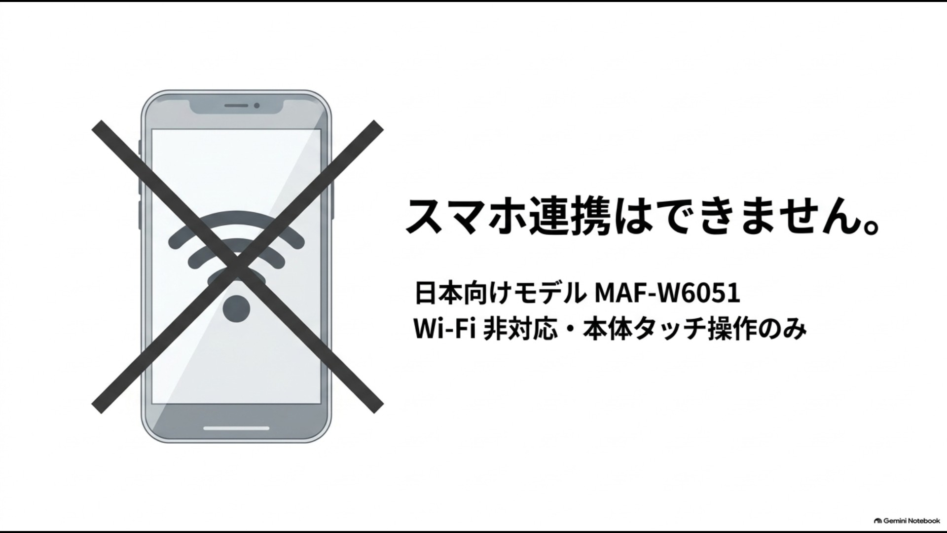 Xiaomiエアフライヤー6.5L日本向けモデルはWi-Fi非対応でスマホ連携できないことを示すスライド