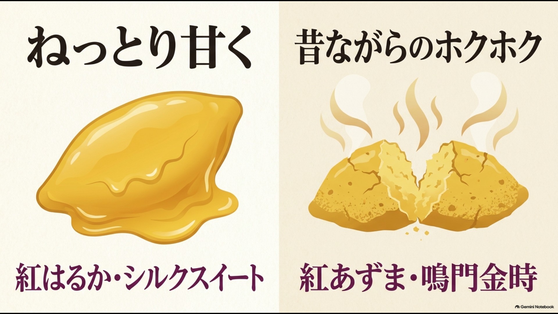 紅はるかやシルクスイートと紅あずま・鳴門金時の食感の違い